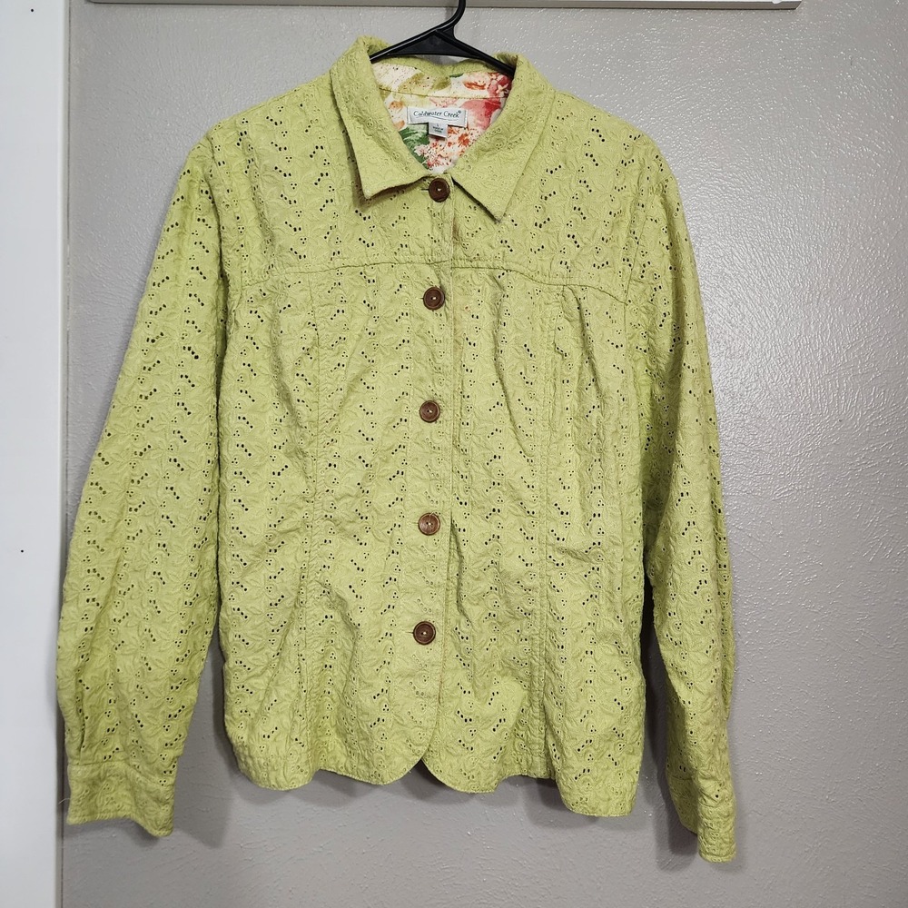 Coldwater Creek Lime Green‎ Eyelet Spring Jacket 100% Cotton Size Large